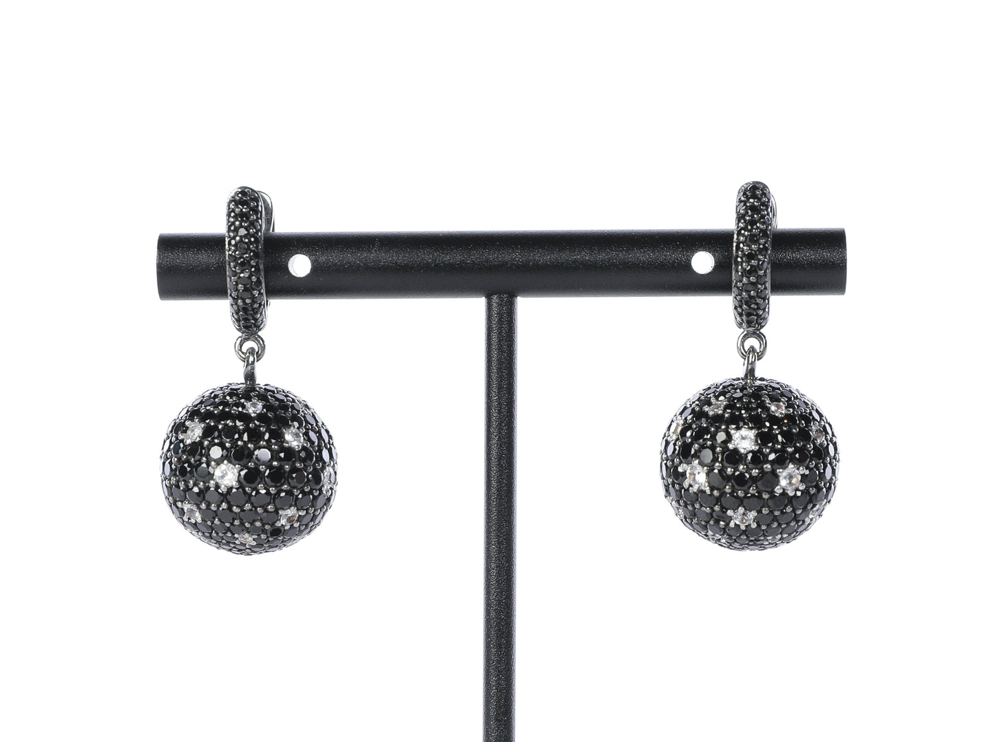 Sterling Silver Black and White Pave Diamond Ball Dangly Earrings