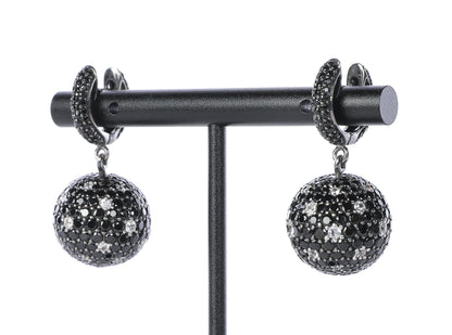 Sterling Silver Black and White Pave Diamond Ball Dangly Earrings