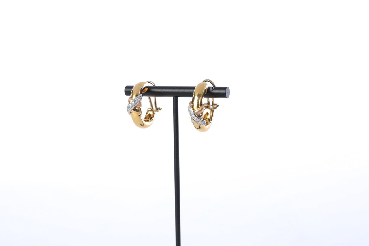 18k Rose Gold & Yellow Gold and Pave Diamond 'X' Crossover Hoop Earrings