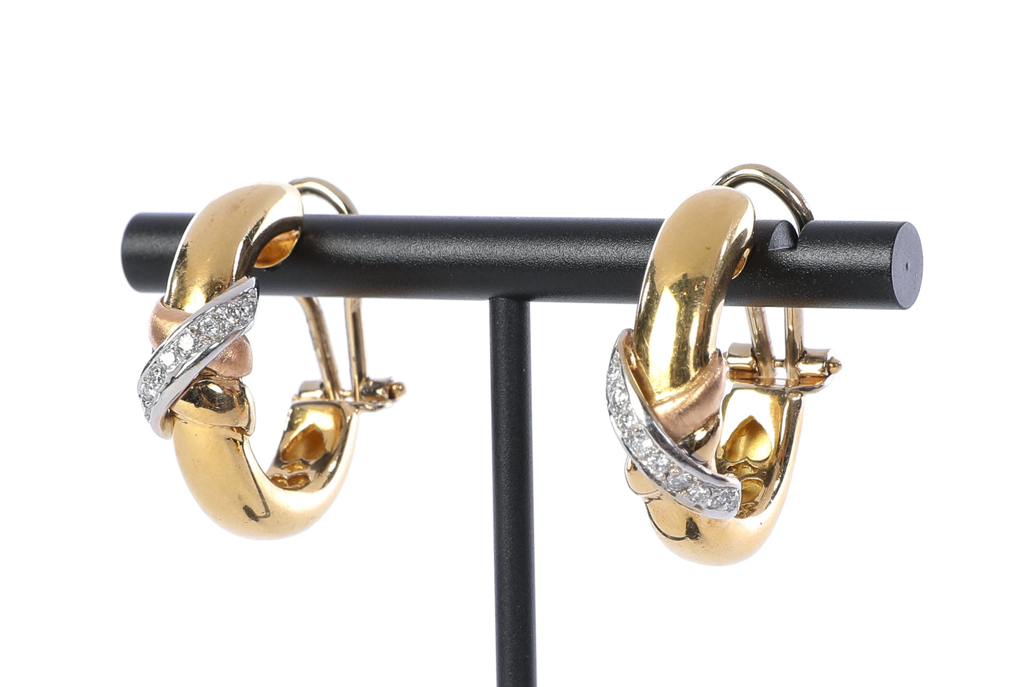 18k Rose Gold & Yellow Gold and Pave Diamond 'X' Crossover Hoop Earrings