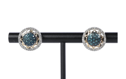 18k White & Yellow Gold Two Tone Diamond & Blue Sapphire Circle Earrings