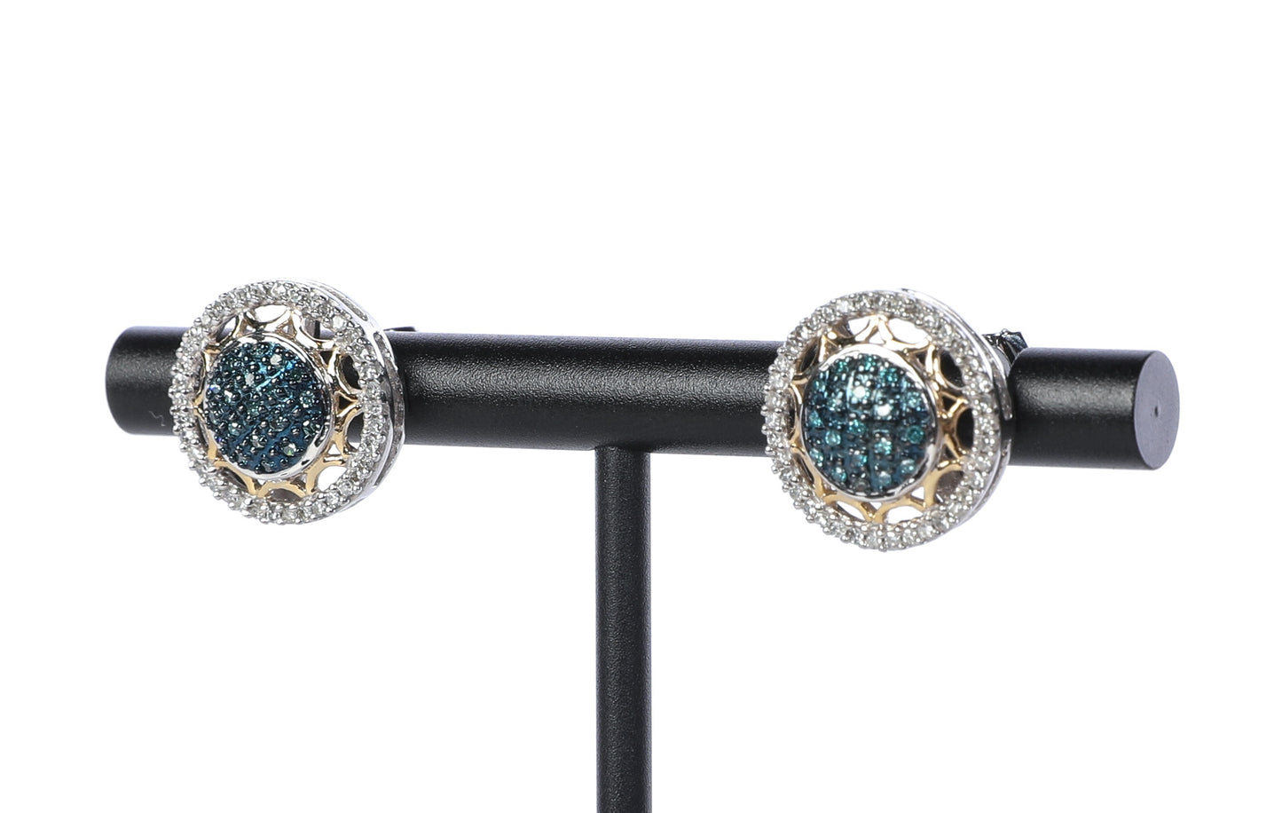 18k White & Yellow Gold Two Tone Diamond & Blue Sapphire Circle Earrings