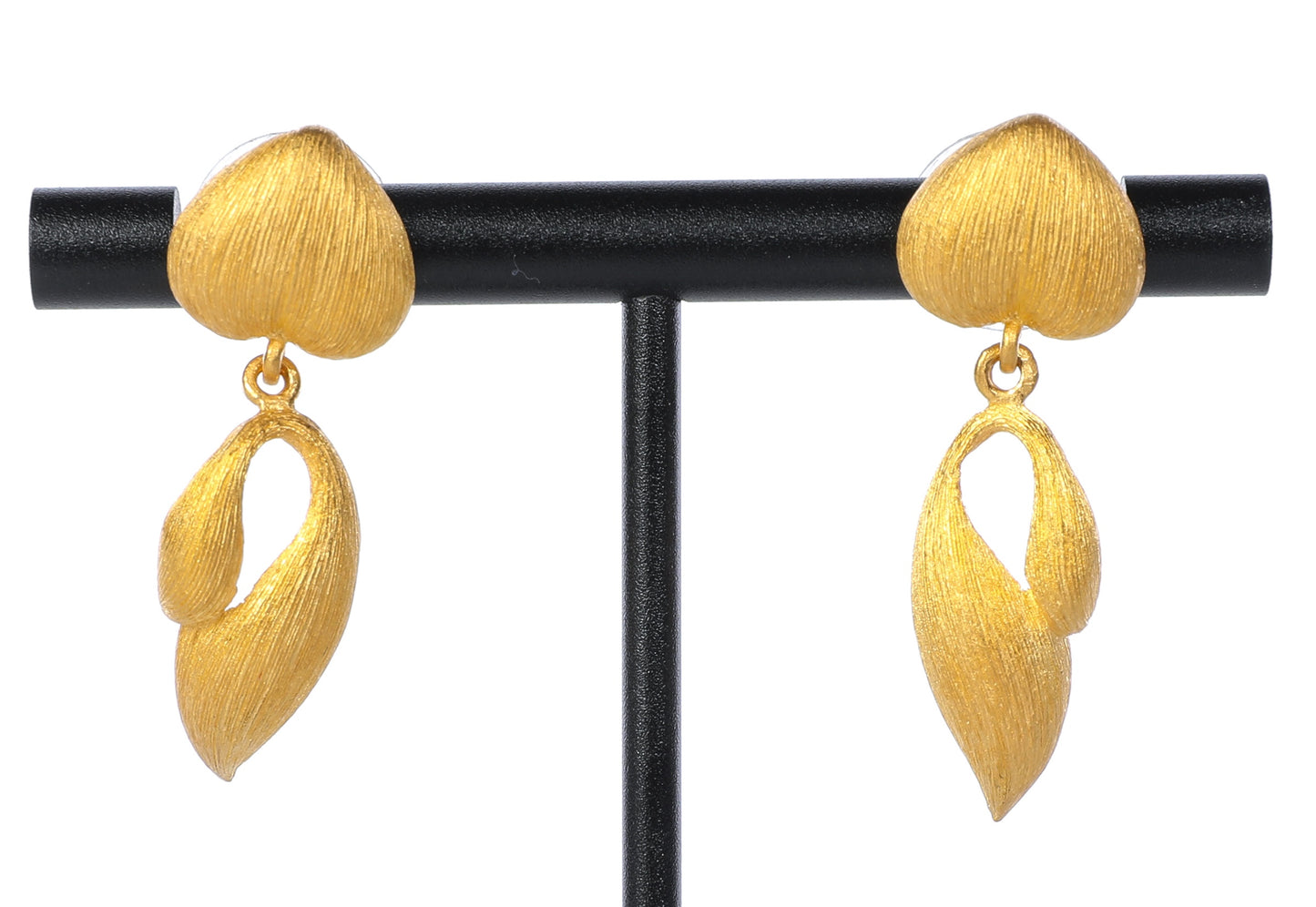 Brushed 24k Yellow Gold Heart & Leaf Dangling Earrings (Has Matching Bracelet) - 10g