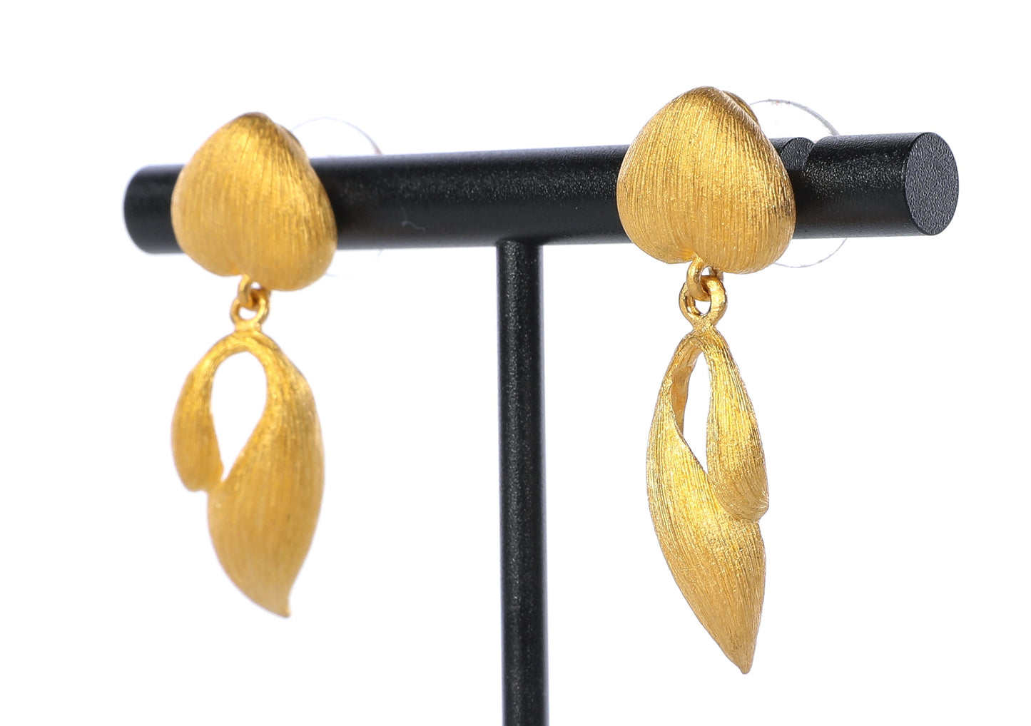 Brushed 24k Yellow Gold Heart & Leaf Dangling Earrings (Has Matching Bracelet) - 10g