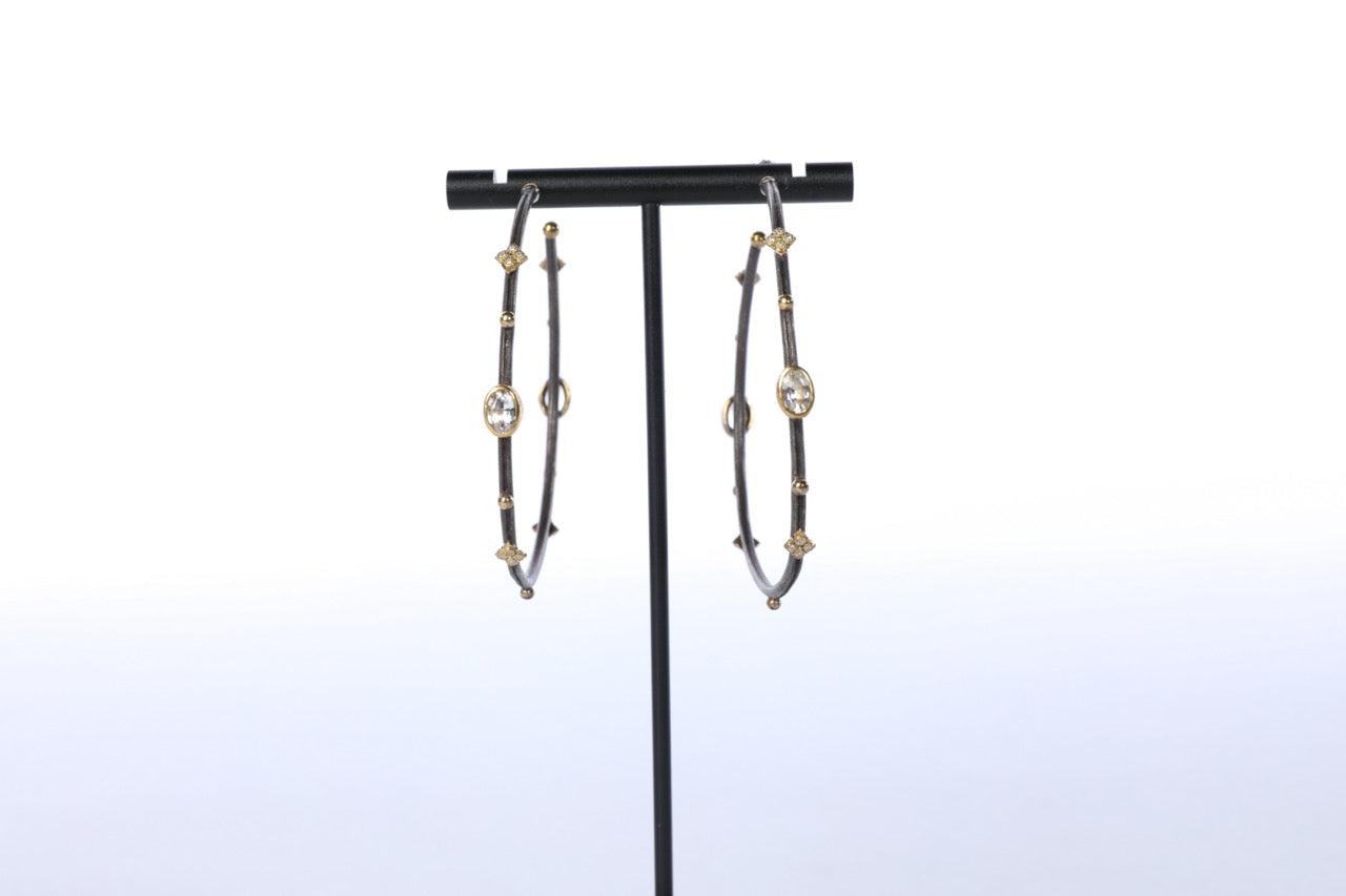 Armenta Oxidized Sterling Silver & 18k Gold Two Tone "Midnight" White Sapphire & Diamond Large Hoop Earrings