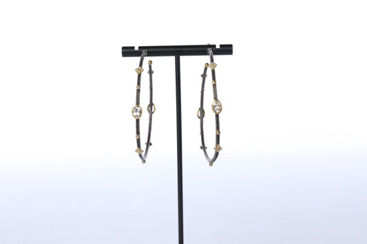 Armenta Oxidized Sterling Silver & 18k Gold Two Tone "Midnight" White Sapphire & Diamond Large Hoop Earrings