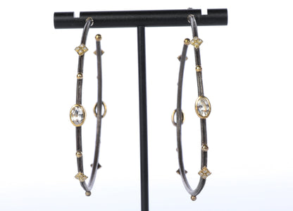 Armenta Oxidized Sterling Silver & 18k Gold Two Tone "Midnight" White Sapphire & Diamond Large Hoop Earrings