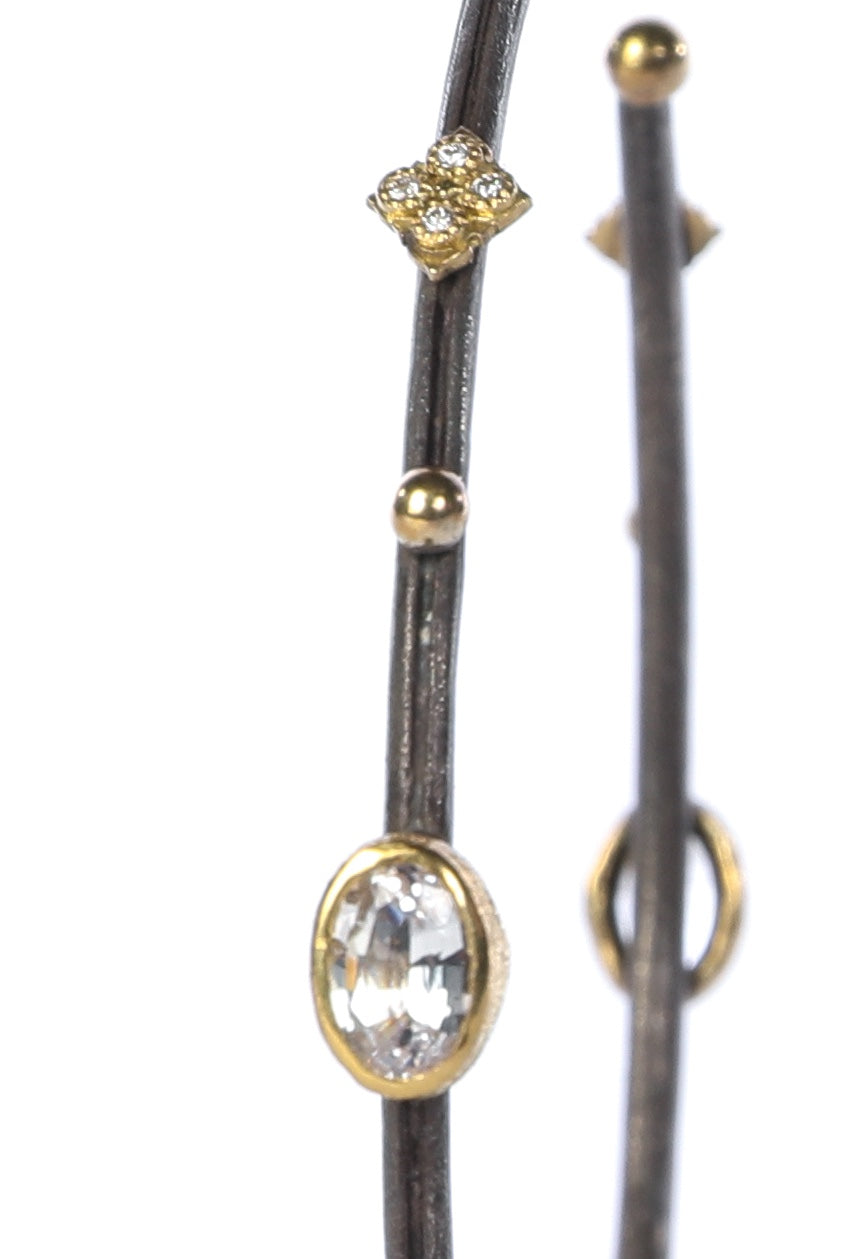 Armenta Oxidized Sterling Silver & 18k Gold Two Tone "Midnight" White Sapphire & Diamond Large Hoop Earrings