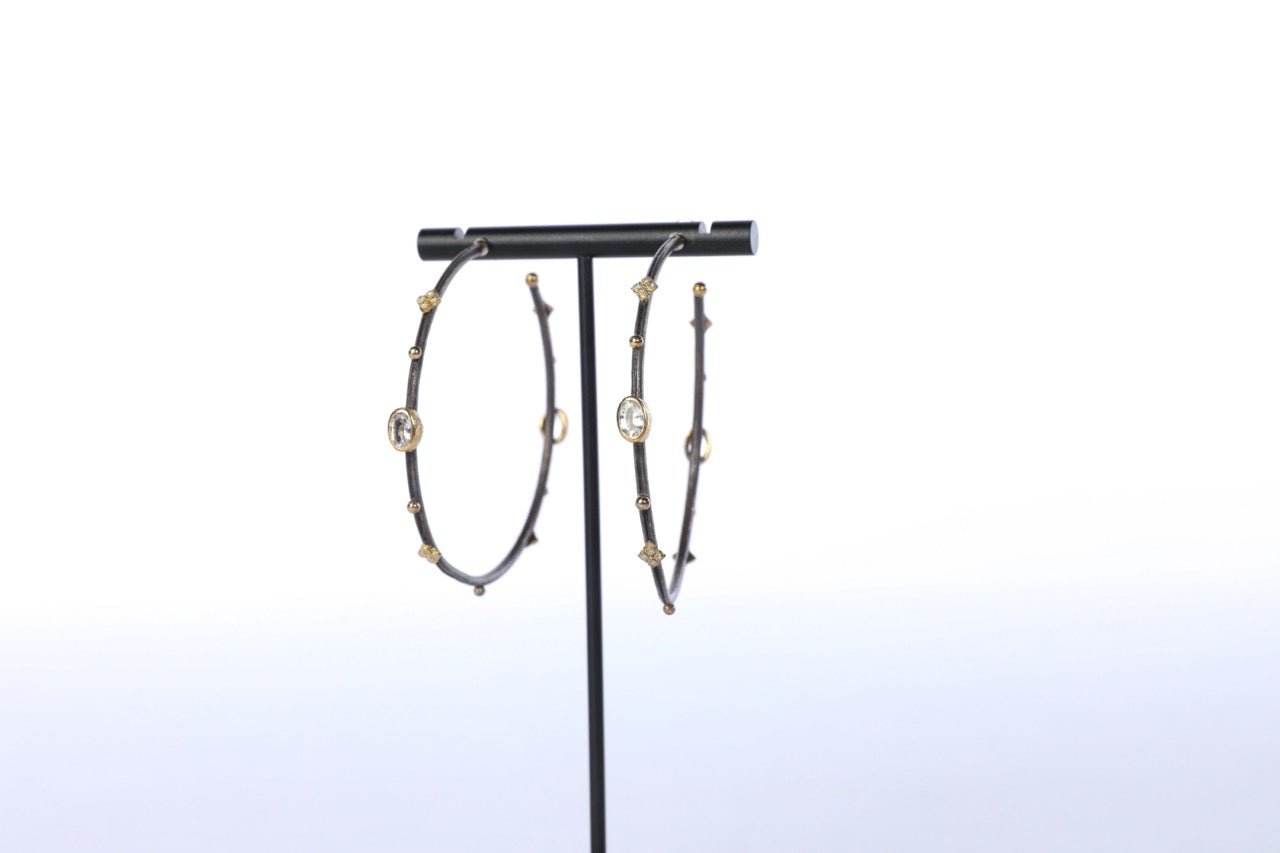 Armenta Oxidized Sterling Silver & 18k Gold Two Tone "Midnight" White Sapphire & Diamond Large Hoop Earrings