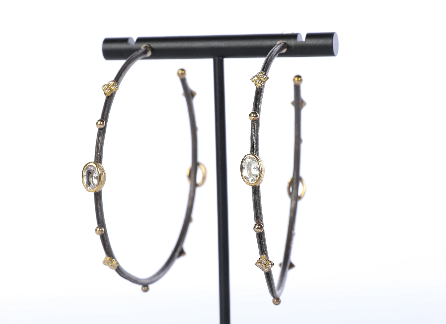 Armenta Oxidized Sterling Silver & 18k Gold Two Tone "Midnight" White Sapphire & Diamond Large Hoop Earrings