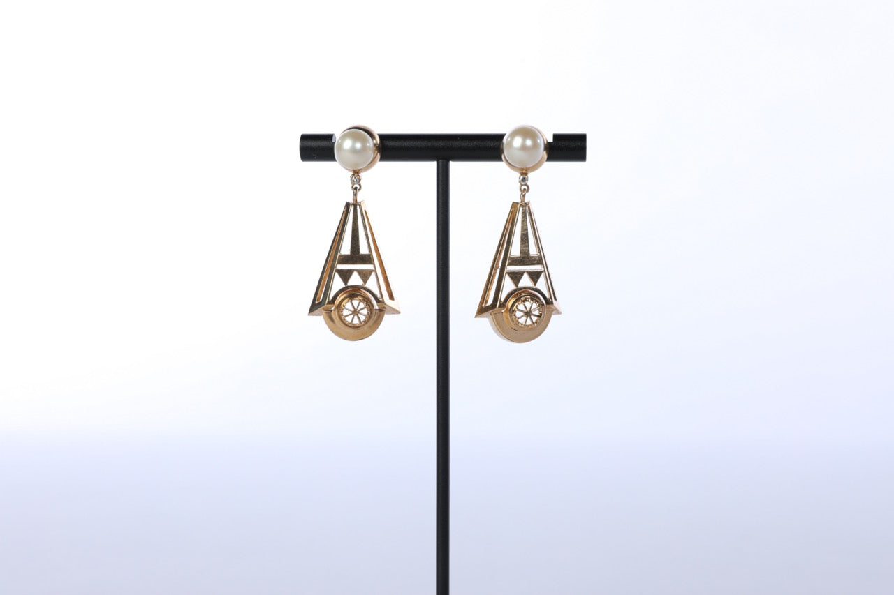 14k Yellow Gold Art Deco 20s Style Dangly Earrings with Pearls and Diamonds