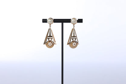 14k Yellow Gold Art Deco 20s Style Dangly Earrings with Pearls and Diamonds