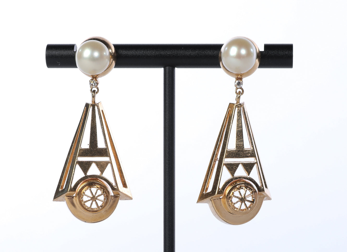 14k Yellow Gold Art Deco 20s Style Dangly Earrings with Pearls and Diamonds