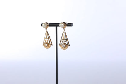 14k Yellow Gold Art Deco 20s Style Dangly Earrings with Pearls and Diamonds