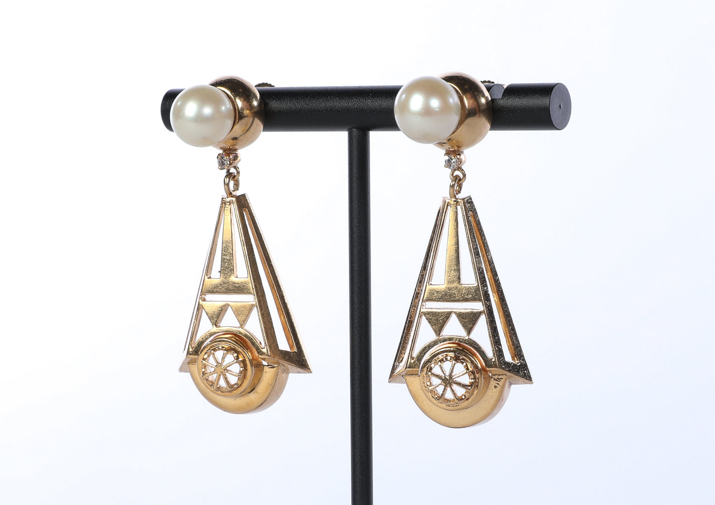 14k Yellow Gold Art Deco 20s Style Dangly Earrings with Pearls and Diamonds