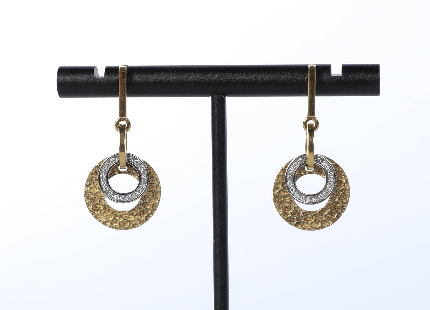 14k Yellow Gold & White Gold Two Tone Hammered "Circle of Life" Earrings with Diamonds