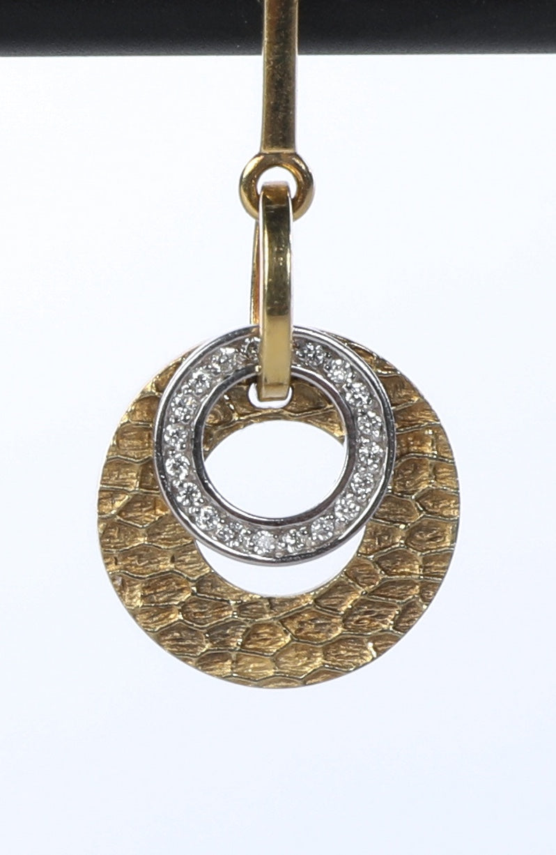 14k Yellow Gold & White Gold Two Tone Hammered "Circle of Life" Earrings with Diamonds