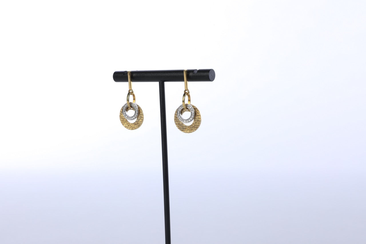 14k Yellow Gold & White Gold Two Tone Hammered "Circle of Life" Earrings with Diamonds