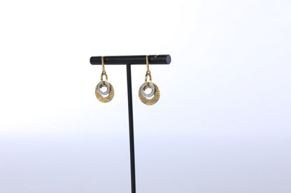 14k Yellow Gold & White Gold Two Tone Hammered "Circle of Life" Earrings with Diamonds