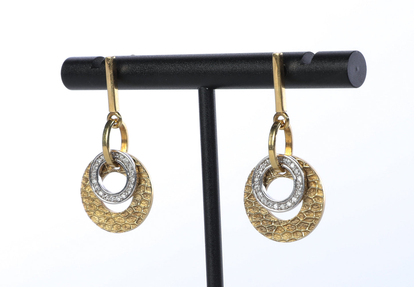 14k Yellow Gold & White Gold Two Tone Hammered "Circle of Life" Earrings with Diamonds