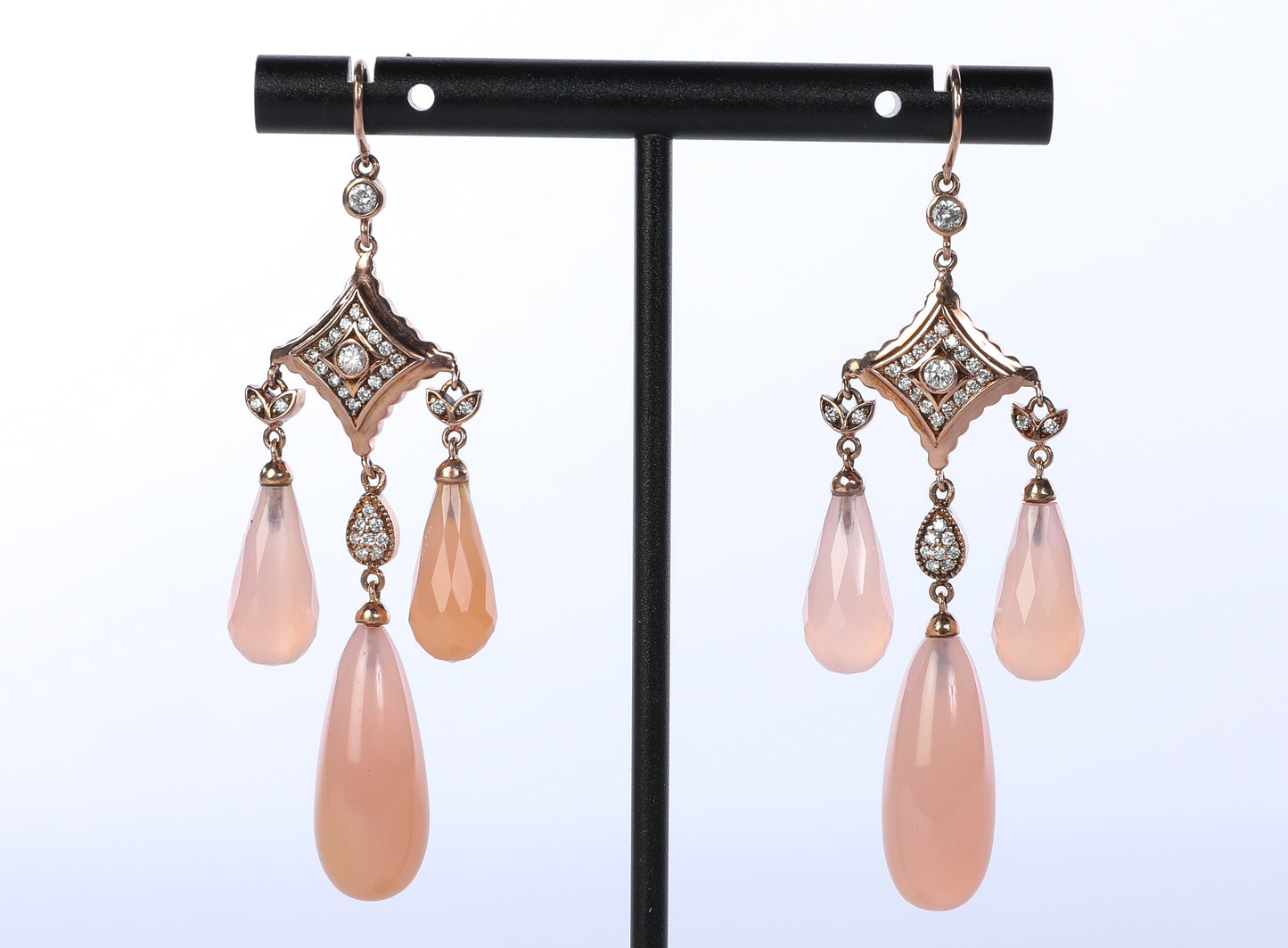 18k Rose Gold Art Deco Chandelier Earrings with Pink Quartz & Diamonds