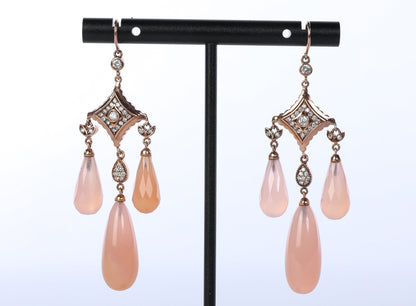 18k Rose Gold Art Deco Chandelier Earrings with Pink Quartz & Diamonds