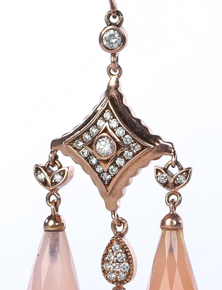 18k Rose Gold Art Deco Chandelier Earrings with Pink Quartz & Diamonds