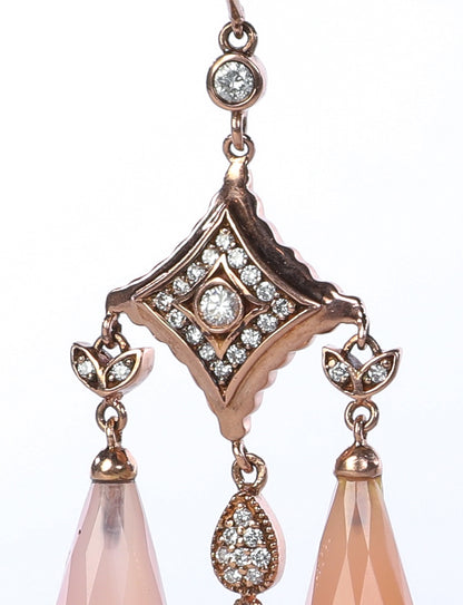 18k Rose Gold Art Deco Chandelier Earrings with Pink Quartz & Diamonds