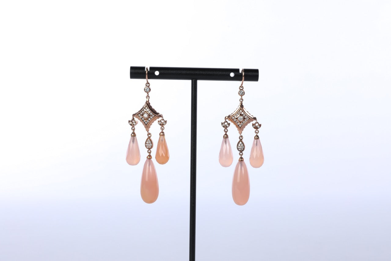 18k Rose Gold Art Deco Chandelier Earrings with Pink Quartz & Diamonds