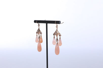 18k Rose Gold Art Deco Chandelier Earrings with Pink Quartz & Diamonds