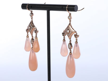 18k Rose Gold Art Deco Chandelier Earrings with Pink Quartz & Diamonds