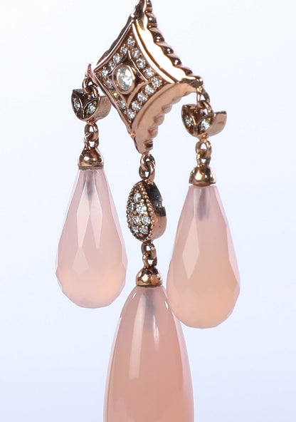 18k Rose Gold Art Deco Chandelier Earrings with Pink Quartz & Diamonds