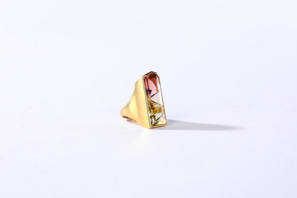 Watermelon Tourmaline 18K Gold Rectangular Ring