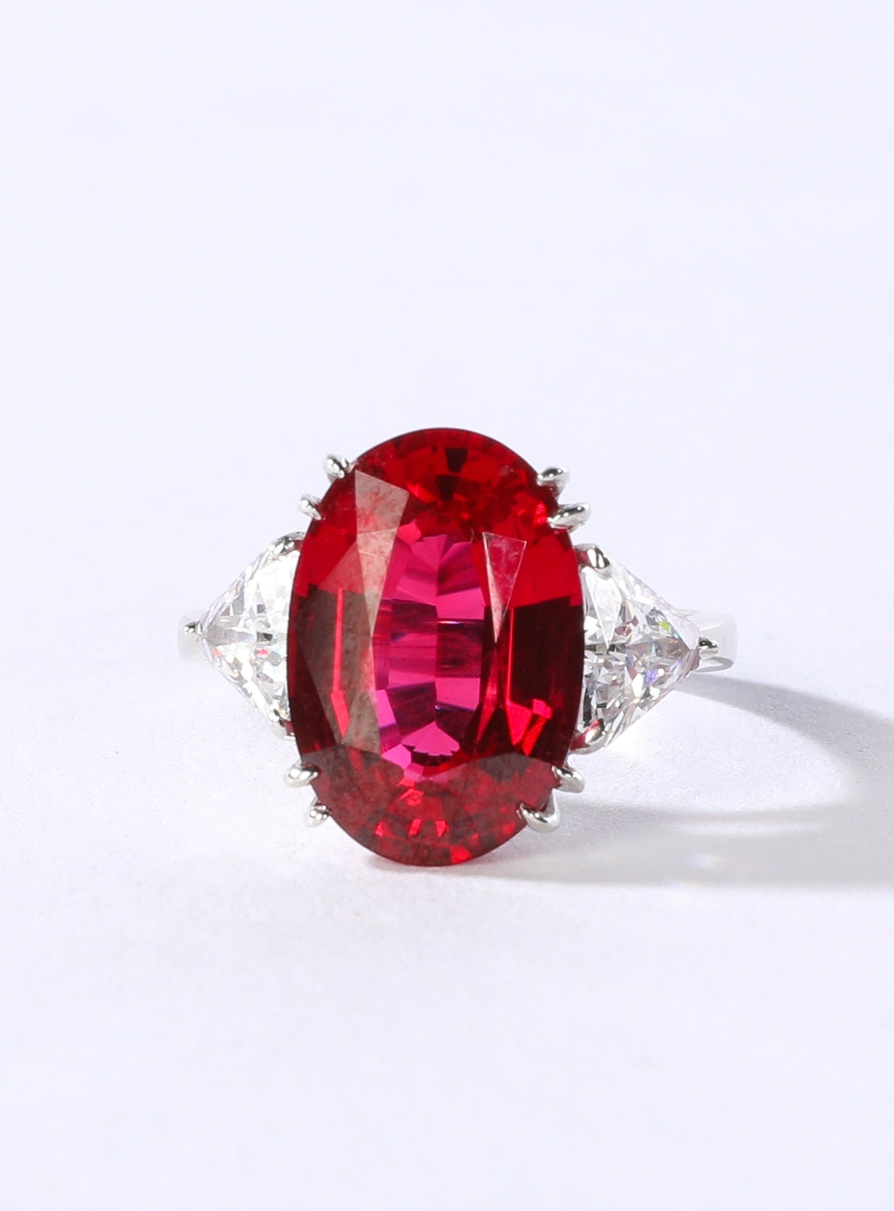 Fantasia by DeSerio 14k White Gold Lab Grown Red Ruby (9ct) & Trillion-cut CZ Ring