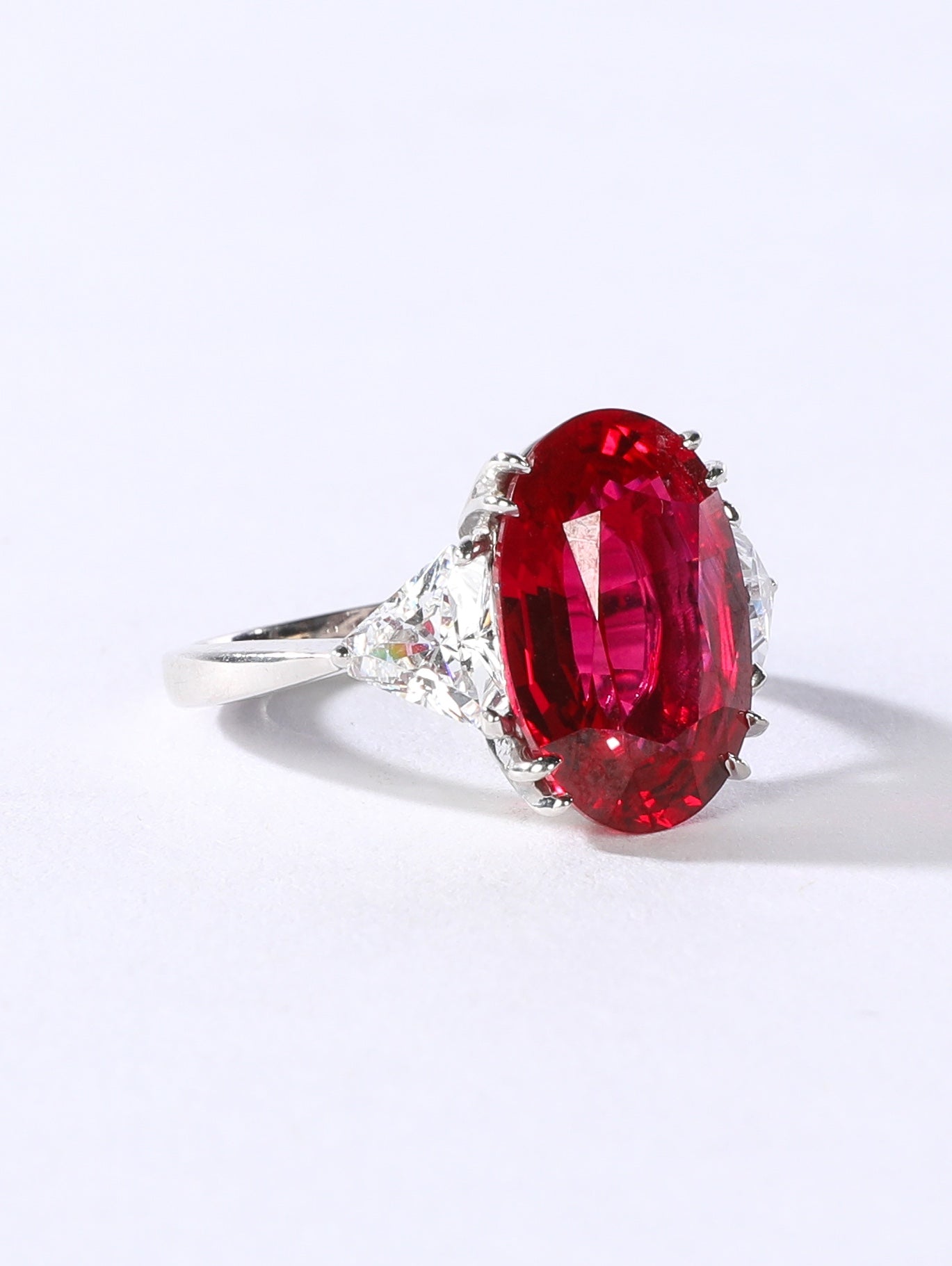 Fantasia by DeSerio 14k White Gold Lab Grown Red Ruby (9ct) & Trillion-cut CZ Ring