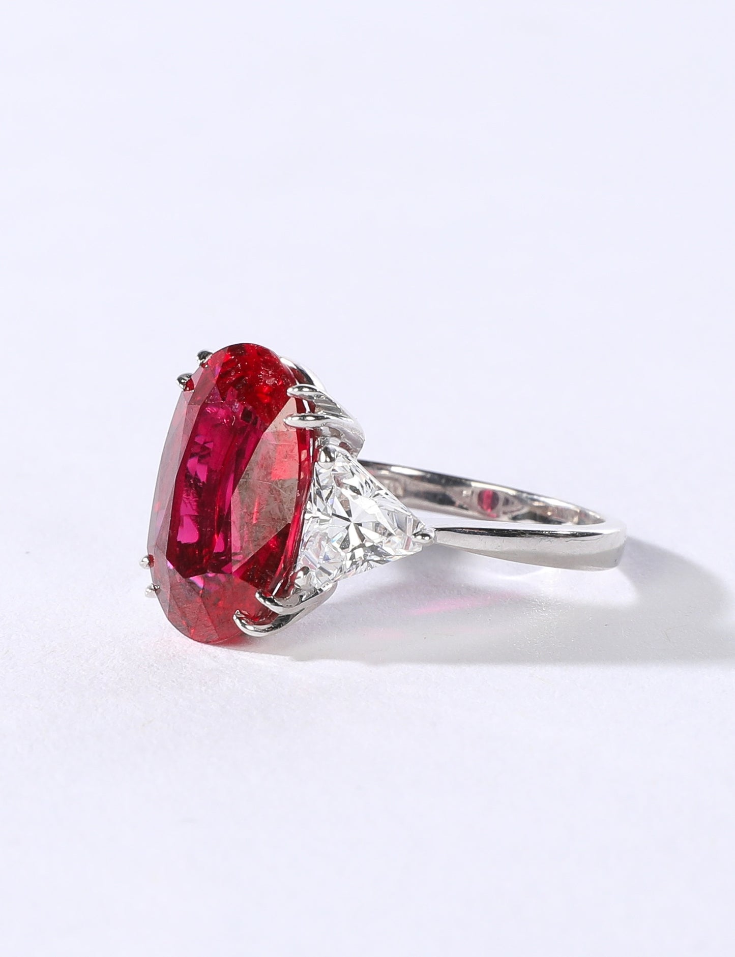 Fantasia by DeSerio 14k White Gold Lab Grown Red Ruby (9ct) & Trillion-cut CZ Ring