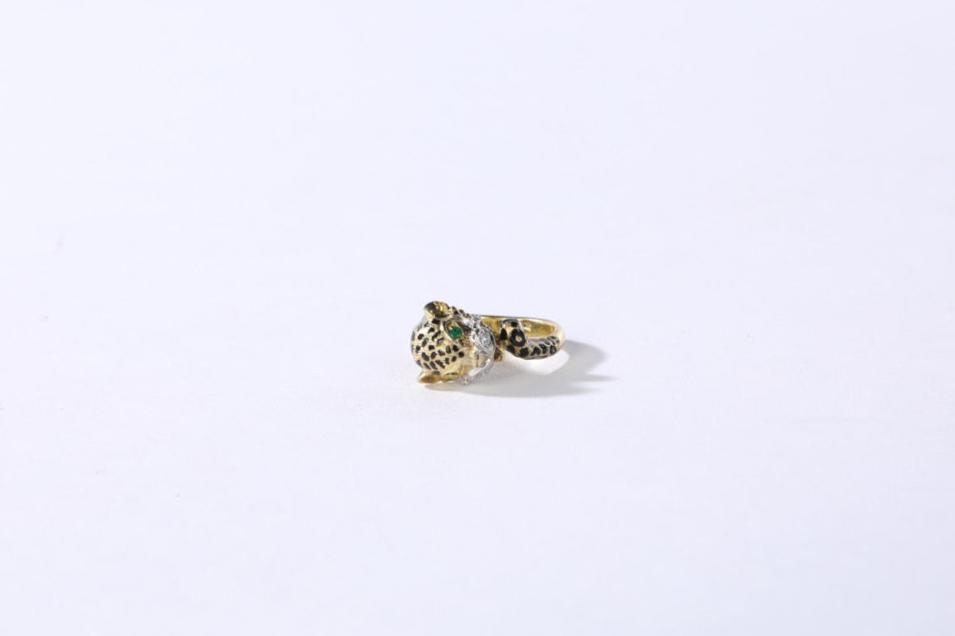 14K Yellow Gold Leopard Head Wrap Rings w Pave Diamond Accents & Emerald Eyes