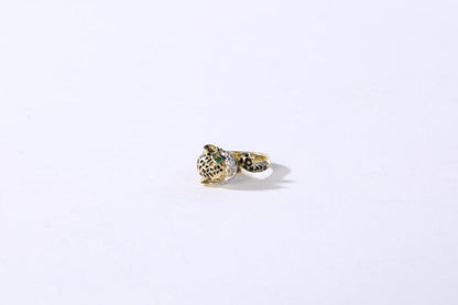 14K Yellow Gold Leopard Head Wrap Rings w Pave Diamond Accents & Emerald Eyes