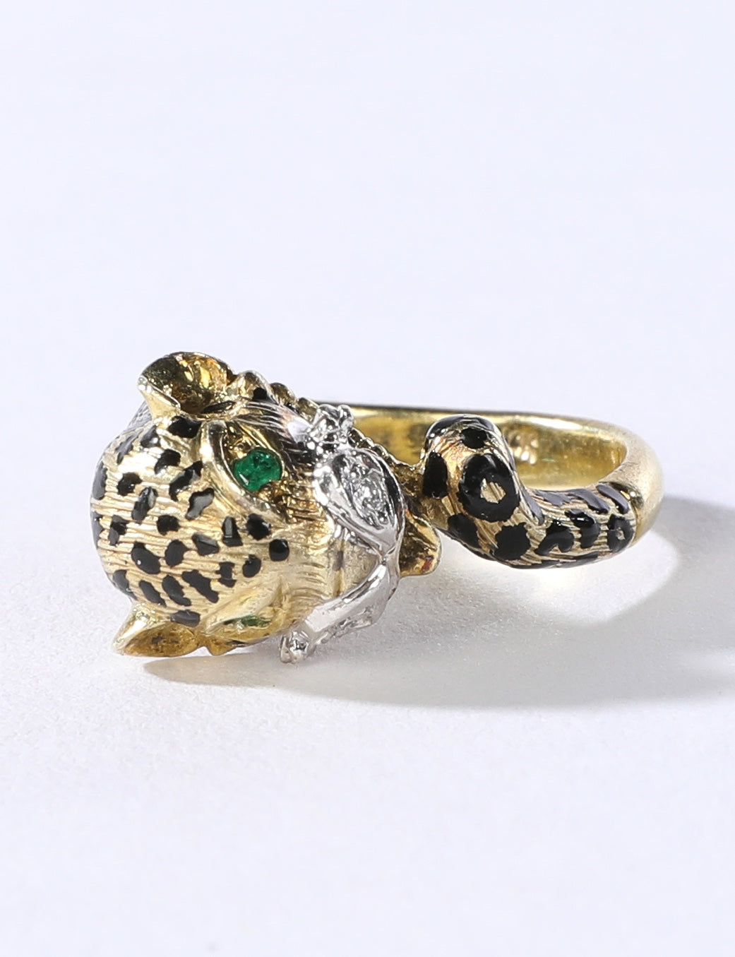 14K Yellow Gold Leopard Head Wrap Rings w Pave Diamond Accents & Emerald Eyes