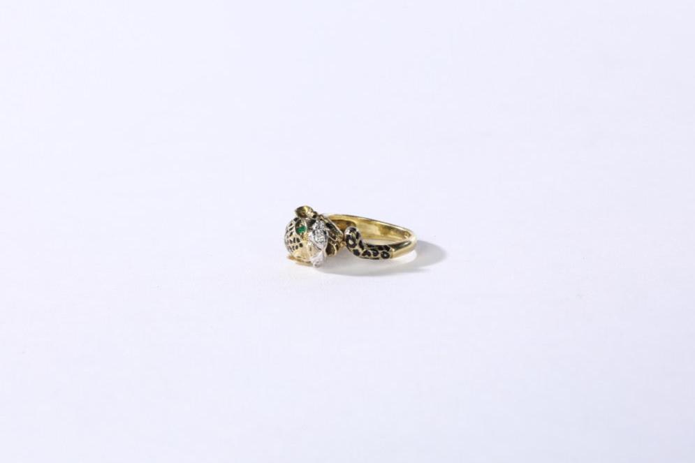 14K Yellow Gold Leopard Head Wrap Rings w Pave Diamond Accents & Emerald Eyes