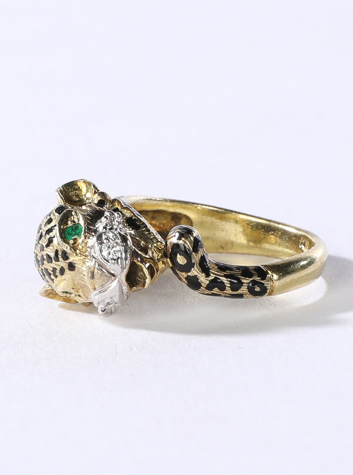 14K Yellow Gold Leopard Head Wrap Rings w Pave Diamond Accents & Emerald Eyes