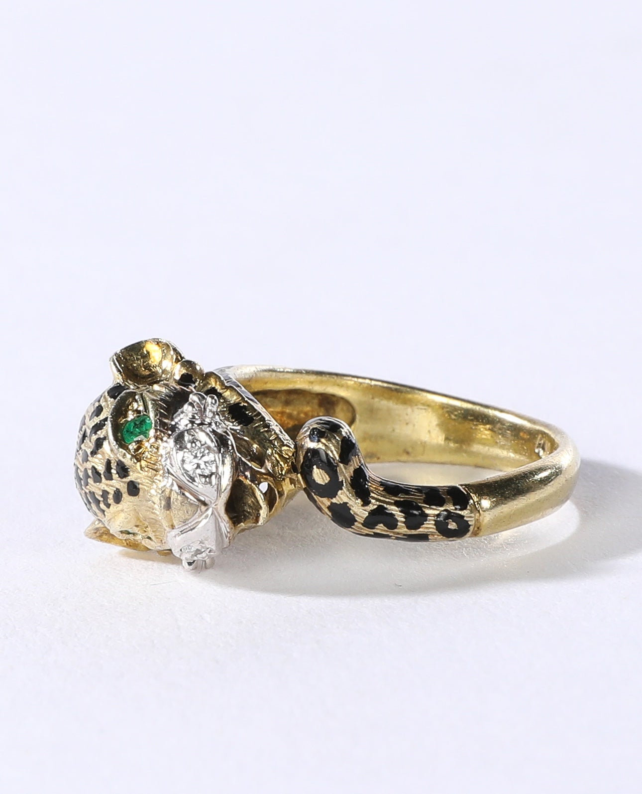 14K Yellow Gold Leopard Head Wrap Rings w Pave Diamond Accents & Emerald Eyes