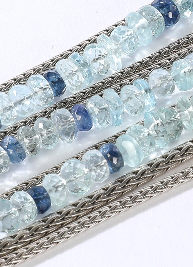 John Hardy Silver Multi-Row Aquamarine & Kyanite Bracelet with Pusher Clasp NWT