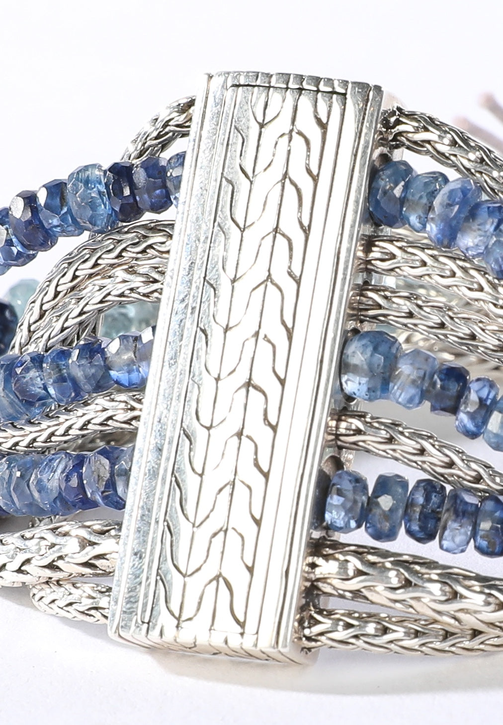 John Hardy Silver Multi-Row Aquamarine & Kyanite Bracelet with Pusher Clasp NWT