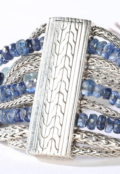 John Hardy Silver Multi-Row Aquamarine & Kyanite Bracelet with Pusher Clasp NWT