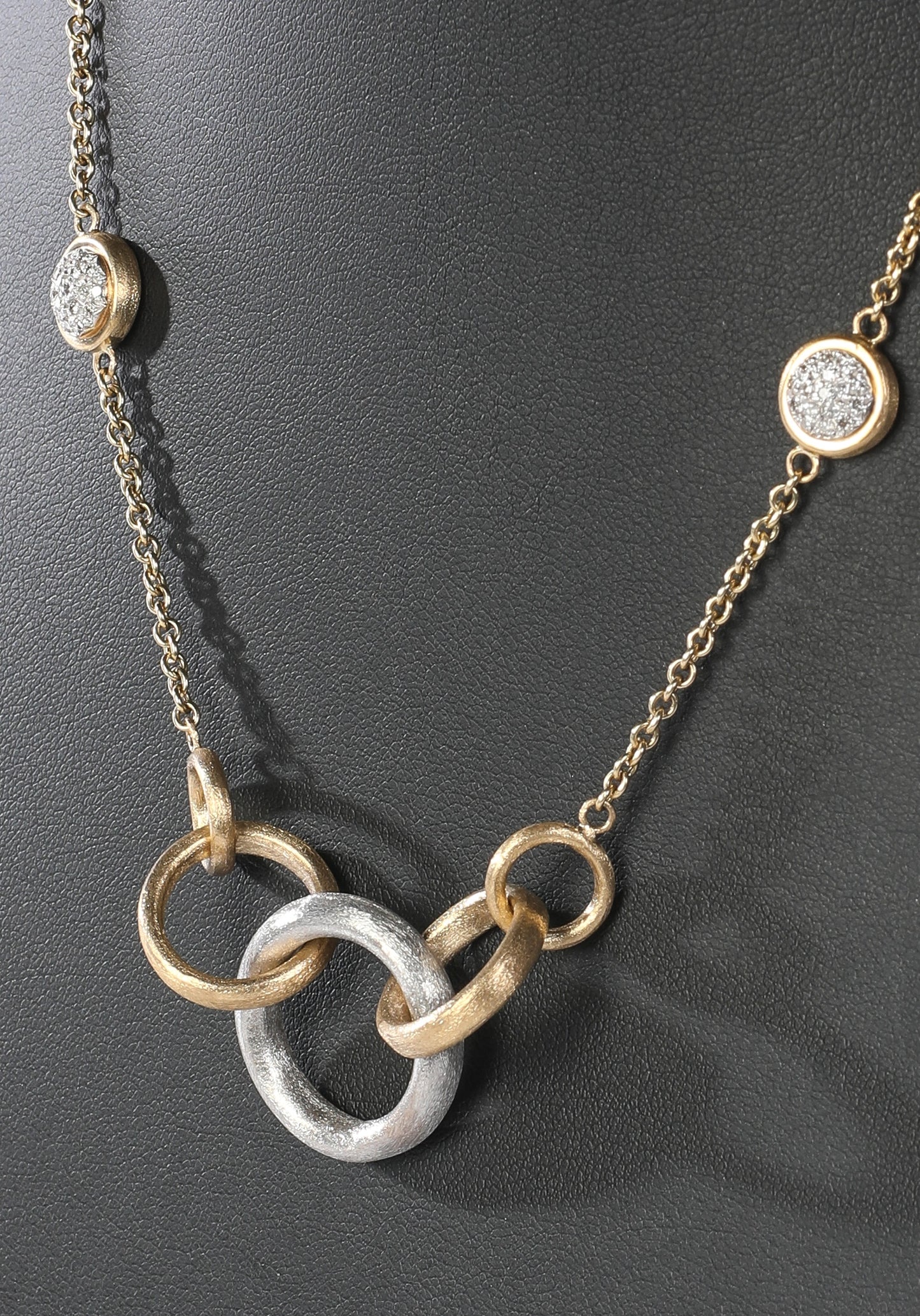 Rhodium-Plated 14K White Gold & 14K Yellow Gold Circle Pavé 32 Diamond (0.32 Carats) Station Necklace with Interlinking Hoops