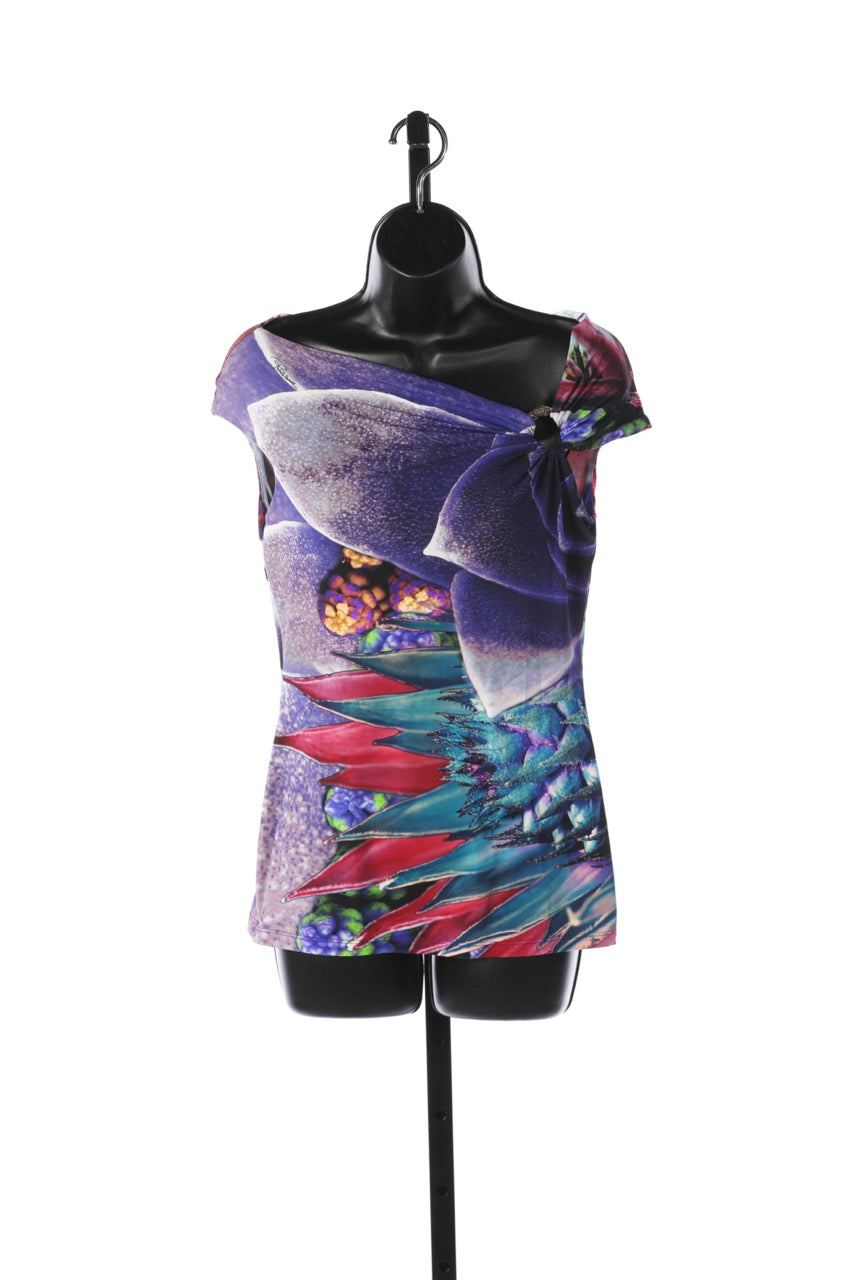 Roberto Cavalli Purple Blue & Red Floral Short Sleeve Blouse w/ Silver Ring Detail (Part of Set)