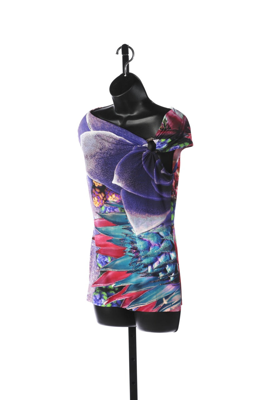 Roberto Cavalli Purple Blue & Red Floral Short Sleeve Blouse w/ Silver Ring Detail (Part of Set)