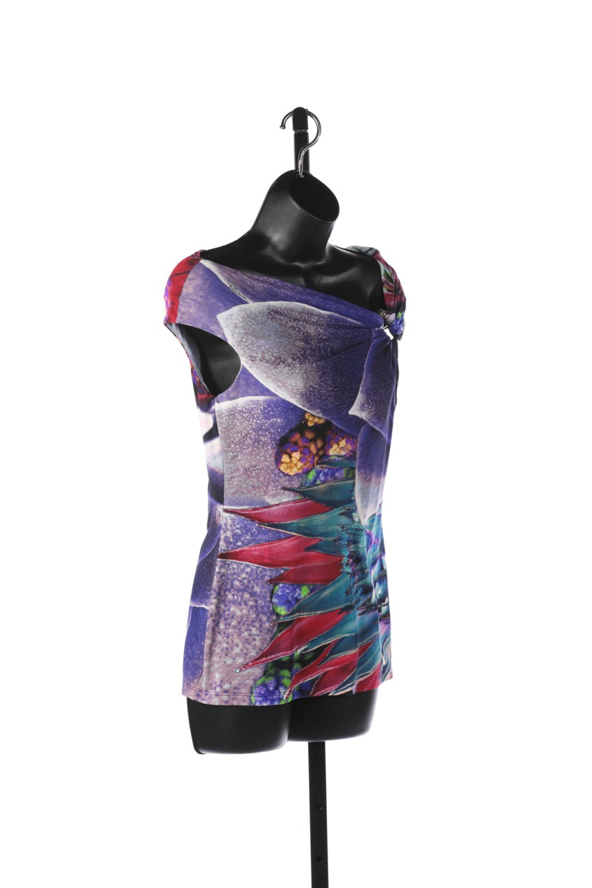 Roberto Cavalli Purple Blue & Red Floral Short Sleeve Blouse w/ Silver Ring Detail (Part of Set)