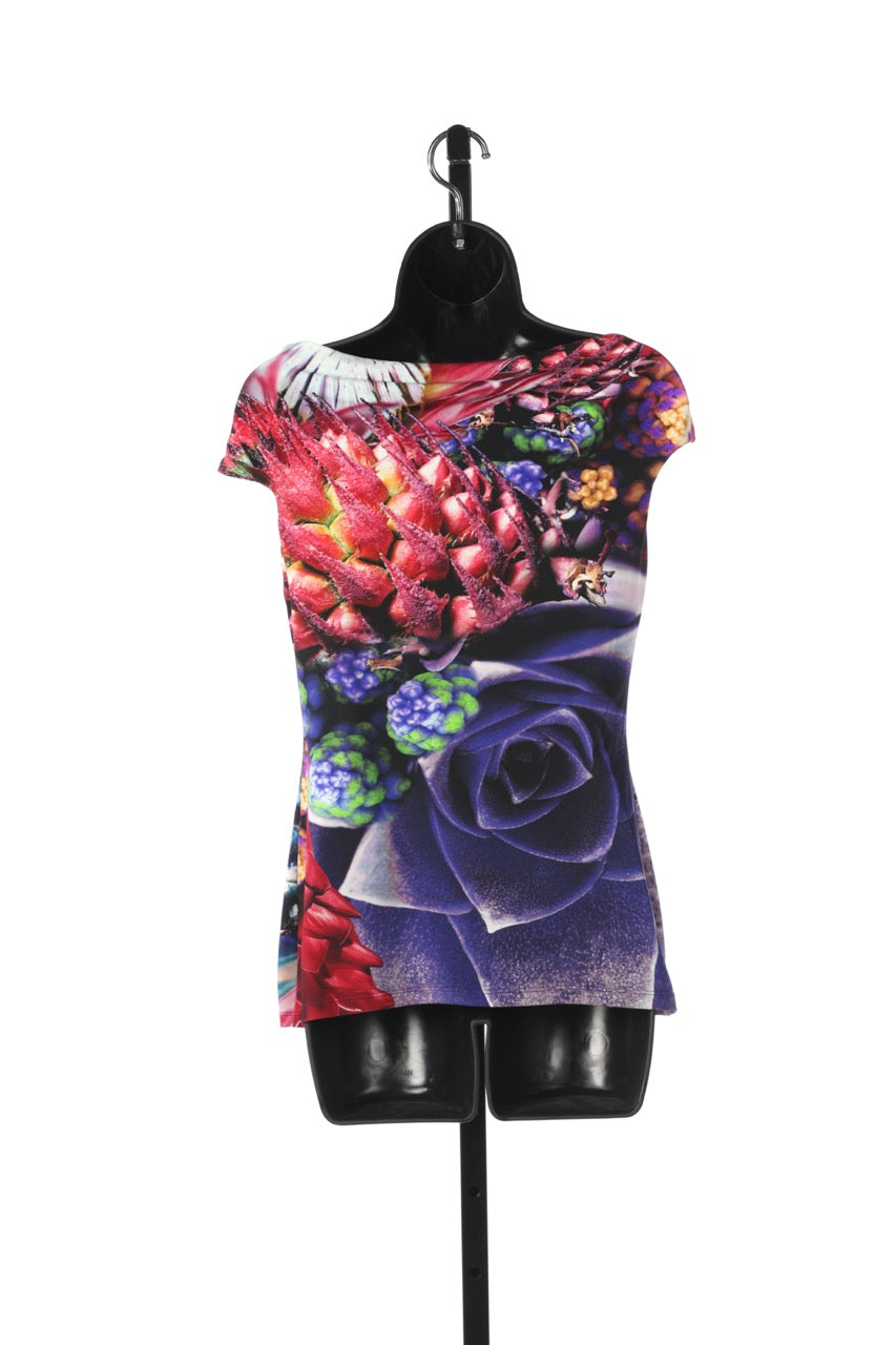 Roberto Cavalli Purple Blue & Red Floral Short Sleeve Blouse w/ Silver Ring Detail (Part of Set)